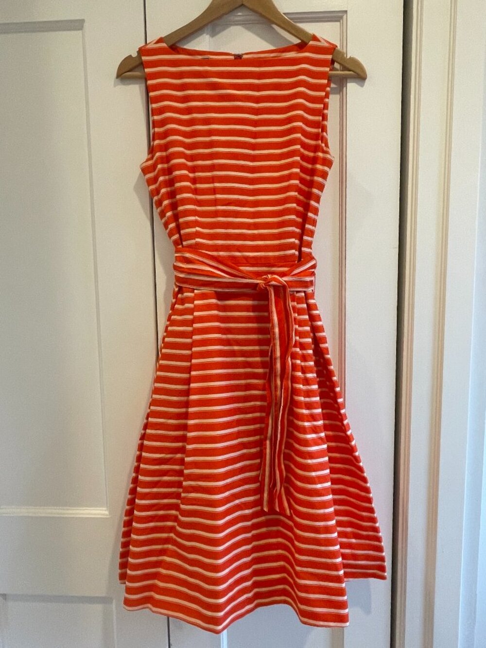 L.L. Bean Signature Dress - Orange Stripes - Retro, Belted, Sleeveless, Colorful